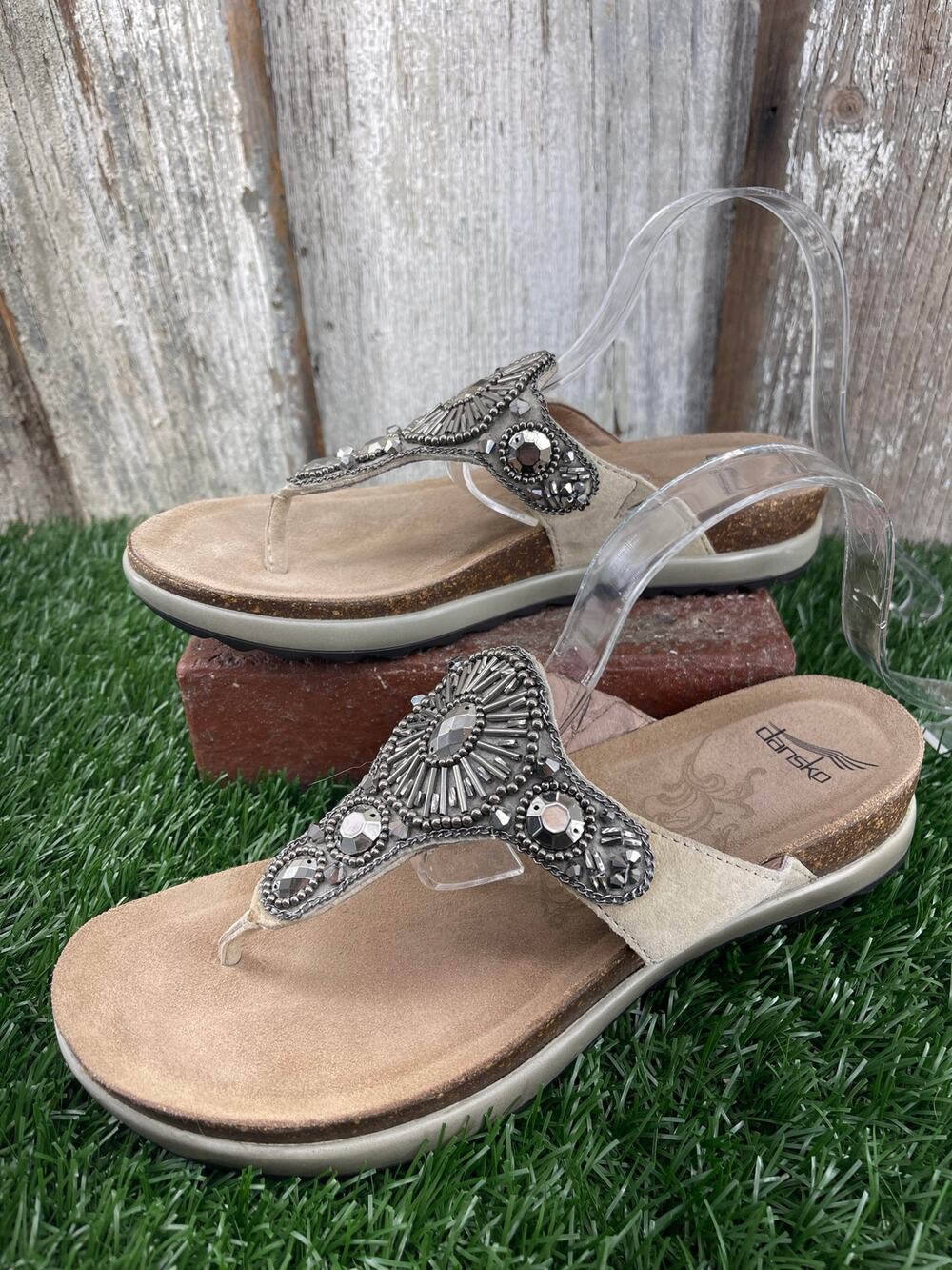 Dansko Pamela Jeweled Taupe Thong Kitten Wedge Sandals Women's EU37